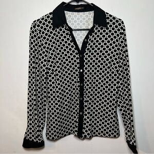 J. McLaughlin Black Geometric Button Front Collared Blouse Size S